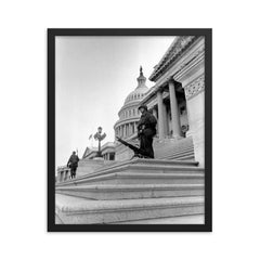 Soldier at U.S. Capitol During Martin Luther King Jr. Assassination Riots, April 1968 framed print on a plain backdrop in size 16"x20".