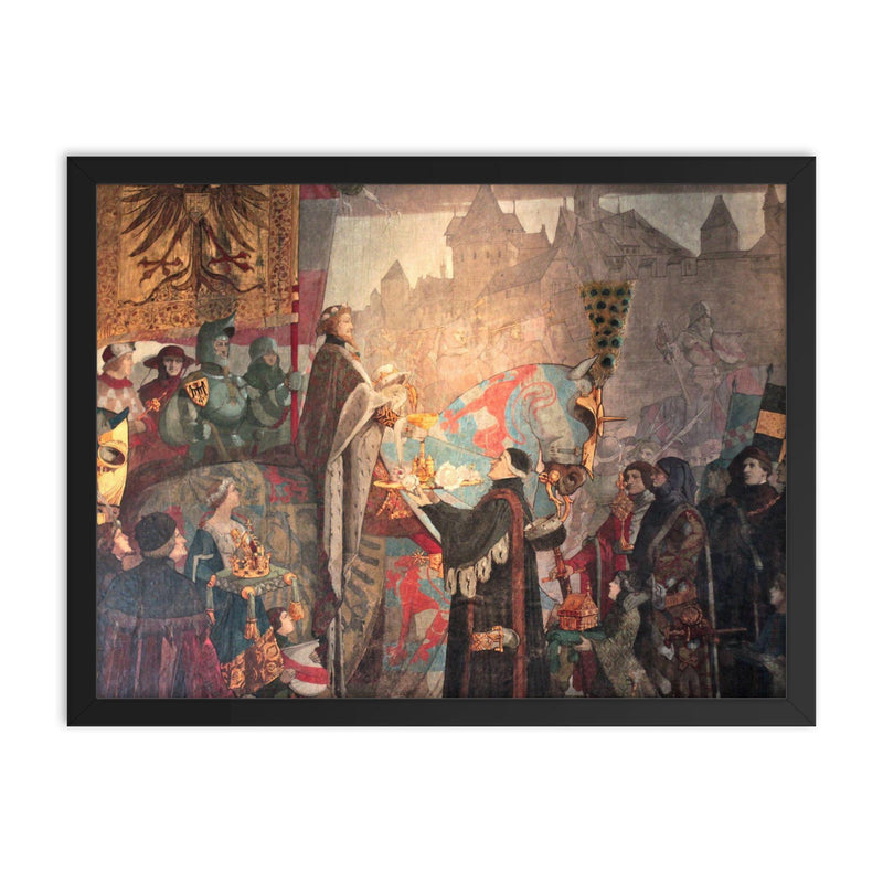 Solemn Entry of Emperor Sigismond into Strasbourg by Léo Schnug, 1414 framed print on a plain backdrop in size 18