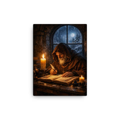 Solitary monk illuminating manuscript under winter candle canvas print on a plain backdrop in size 12"x16".
