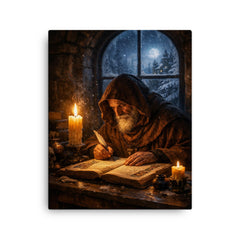 Solitary monk illuminating manuscript under winter candle canvas print on a plain backdrop in size 16"x20".