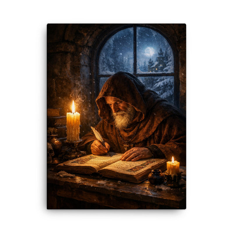 Solitary monk illuminating manuscript under winter candle canvas print on a plain backdrop in size 18