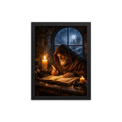 Solitary monk illuminating manuscript under winter candle framed print on a plain backdrop in size 12"x16".