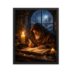 Solitary monk illuminating manuscript under winter candle framed print on a plain backdrop in size 16"x20".