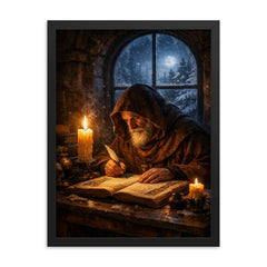 Solitary monk illuminating manuscript under winter candle framed print on a plain backdrop in size 18"x24".