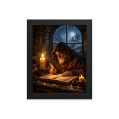 Solitary monk illuminating manuscript under winter candle framed print on a plain backdrop in size 8"x10".