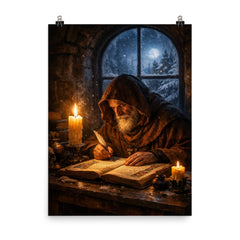 Solitary monk illuminating manuscript under winter candle poster on a plain backdrop in size 8"x10".