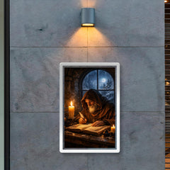 Solitary monk illuminating manuscript under winter candle poster 2