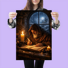 Solitary monk illuminating manuscript under winter candle poster 3