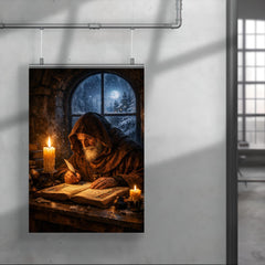 Solitary monk illuminating manuscript under winter candle poster 4