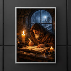 Solitary monk illuminating manuscript under winter candle poster 5