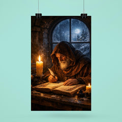 Solitary monk illuminating manuscript under winter candle poster 6