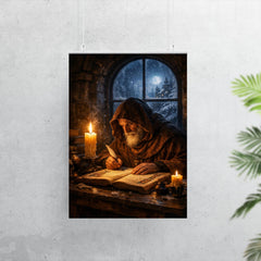 Solitary monk illuminating manuscript under winter candle poster 7