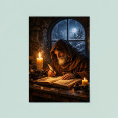 Solitary monk illuminating manuscript under winter candle poster 8