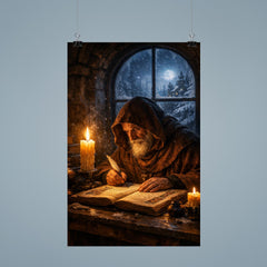 Solitary monk illuminating manuscript under winter candle poster 9