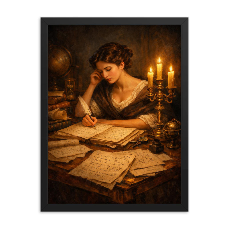 Sophie Germain by candlelit number theory pages framed print on a plain backdrop in size 18