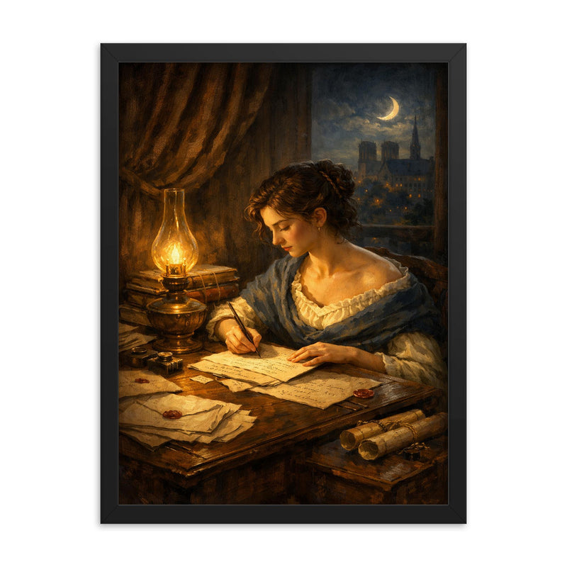 Sophie Germain hidden correspondence by lamplight framed print on a plain backdrop in size 18