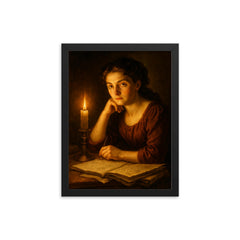 Sophie Germain under candlelight with hidden manuscripts framed print on a plain backdrop in size 12"x16".