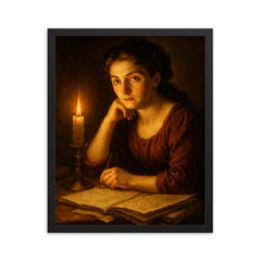 Sophie Germain under candlelight with hidden manuscripts framed print on a plain backdrop in size 16"x20".