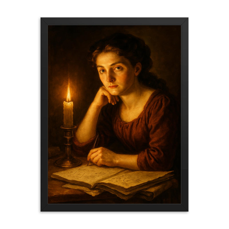 Sophie Germain under candlelight with hidden manuscripts framed print on a plain backdrop in size 18