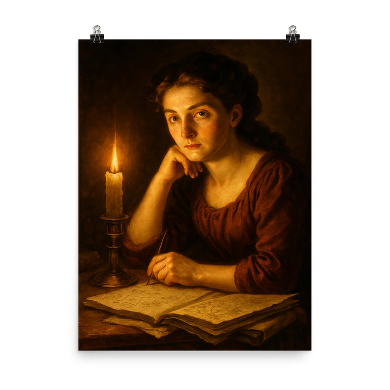Sophie Germain under candlelight with hidden manuscripts poster on a plain backdrop in size 8