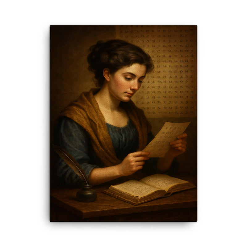 Sophie Germain under coded correspondence canvas print on a plain backdrop in size 18