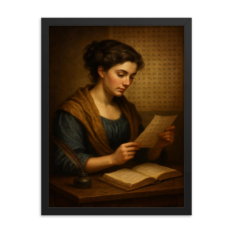 Sophie Germain under coded correspondence framed print on a plain backdrop in size 18