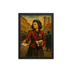 Sophie Scholl distributing leaflets in Munich framed print on a plain backdrop in size 12"x16".