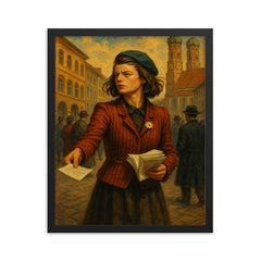 Sophie Scholl distributing leaflets in Munich framed print on a plain backdrop in size 16"x20".