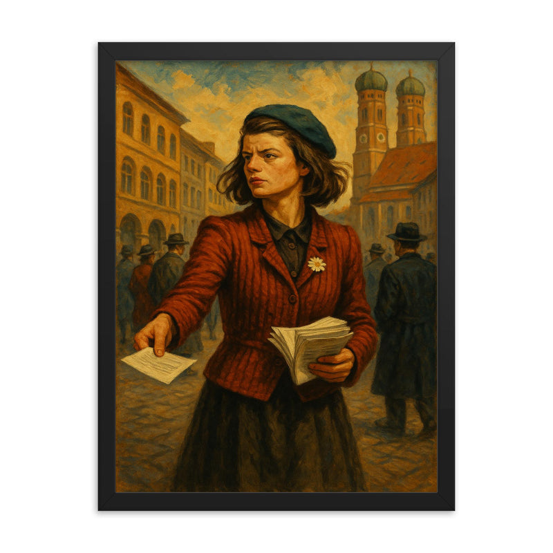 Sophie Scholl distributing leaflets in Munich framed print on a plain backdrop in size 18