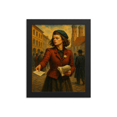 Sophie Scholl distributing leaflets in Munich framed print on a plain backdrop in size 8"x10".