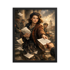 Sophie Scholl distributing White Rose leaflets framed print on a plain backdrop in size 16"x20".