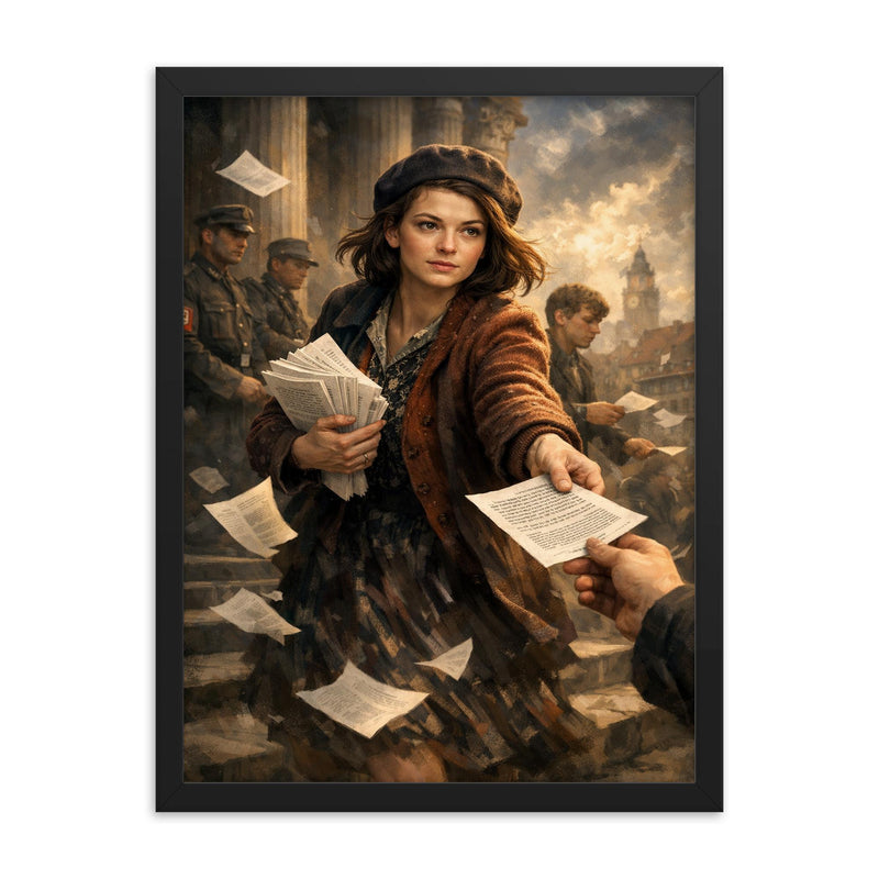 Sophie Scholl distributing White Rose leaflets framed print on a plain backdrop in size 18