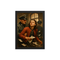 Sophie Scholl leaflet arrest moment framed print on a plain backdrop in size 12"x16".