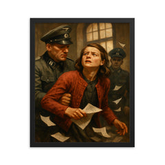 Sophie Scholl leaflet arrest moment framed print on a plain backdrop in size 16"x20".