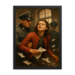 Sophie Scholl leaflet arrest moment framed print on a plain backdrop in size 18"x24".