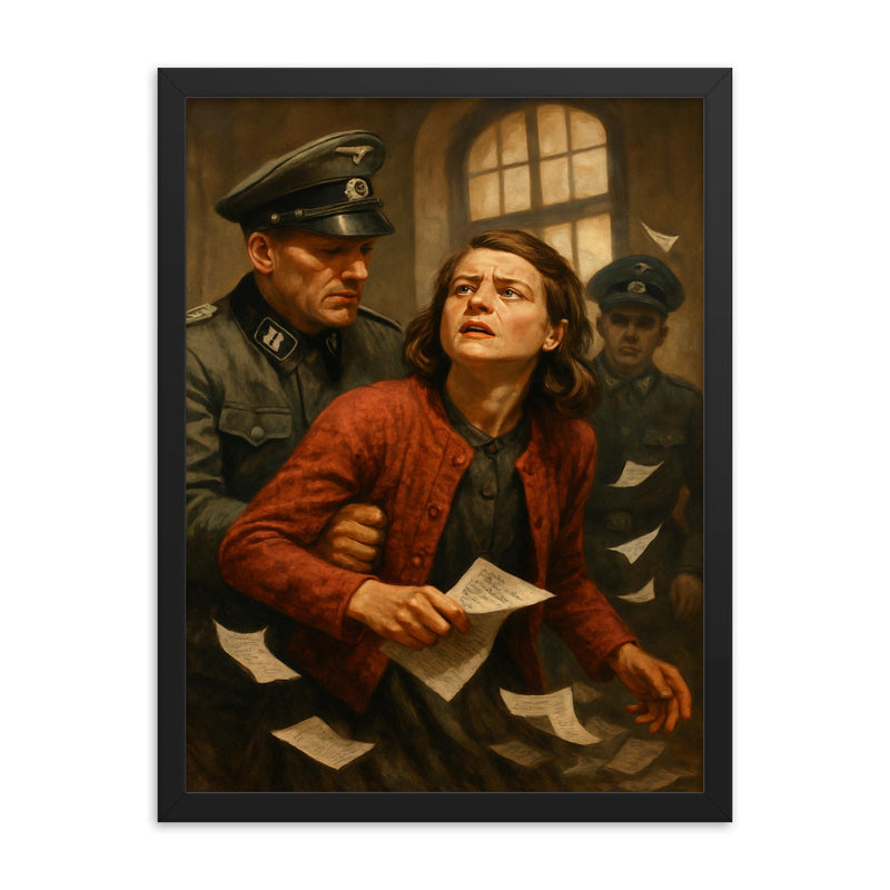 Sophie Scholl leaflet arrest moment framed print on a plain backdrop in size 18