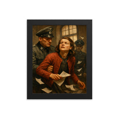 Sophie Scholl leaflet arrest moment framed print on a plain backdrop in size 8"x10".