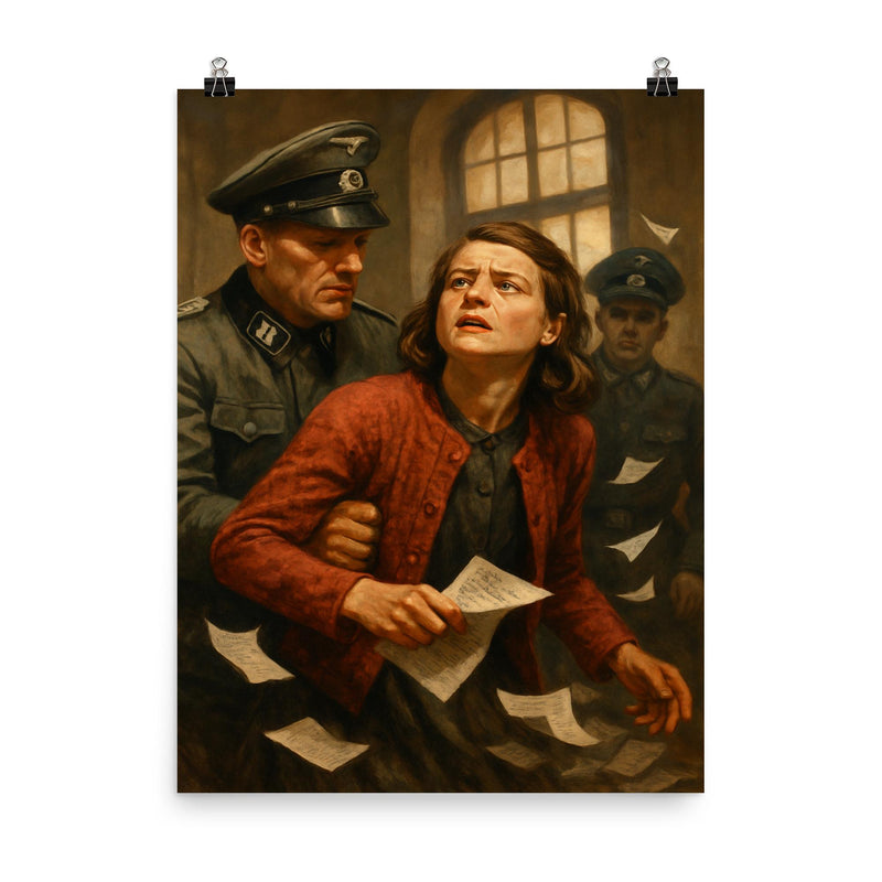 Sophie Scholl leaflet arrest moment poster on a plain backdrop in size 8
