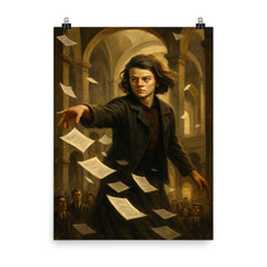 Sophie Scholl scattering forbidden leaflets in university atrium poster on a plain backdrop in size 8"x10".