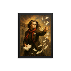 Sophie Scholl scattering White Rose leaflets framed print on a plain backdrop in size 12"x16".