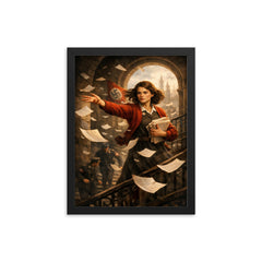 Sophie Scholl scattering White Rose leaflets framed print on a plain backdrop in size 12"x16".