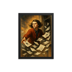 Sophie Scholl scattering White Rose leaflets framed print on a plain backdrop in size 12"x16".
