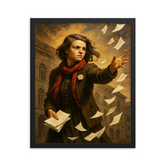 Sophie Scholl scattering White Rose leaflets framed print on a plain backdrop in size 16"x20".