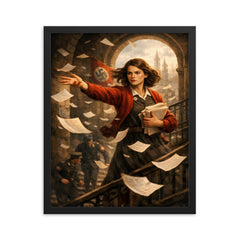 Sophie Scholl scattering White Rose leaflets framed print on a plain backdrop in size 16"x20".