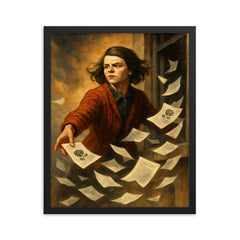 Sophie Scholl scattering White Rose leaflets framed print on a plain backdrop in size 16"x20".