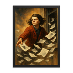 Sophie Scholl scattering White Rose leaflets framed print on a plain backdrop in size 18"x24".