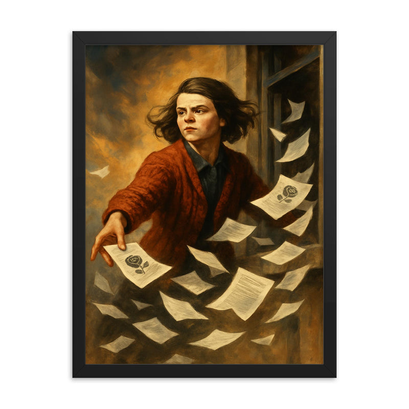 Sophie Scholl scattering White Rose leaflets framed print on a plain backdrop in size 18