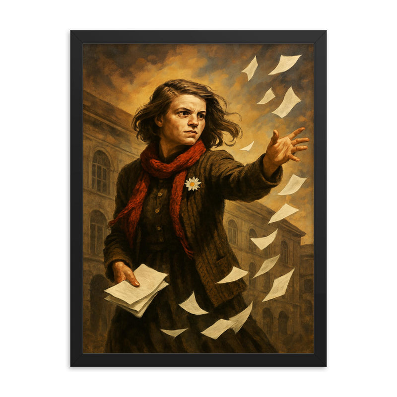 Sophie Scholl scattering White Rose leaflets framed print on a plain backdrop in size 18