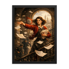 Sophie Scholl scattering White Rose leaflets framed print on a plain backdrop in size 18"x24".