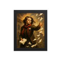 Sophie Scholl scattering White Rose leaflets framed print on a plain backdrop in size 8"x10".